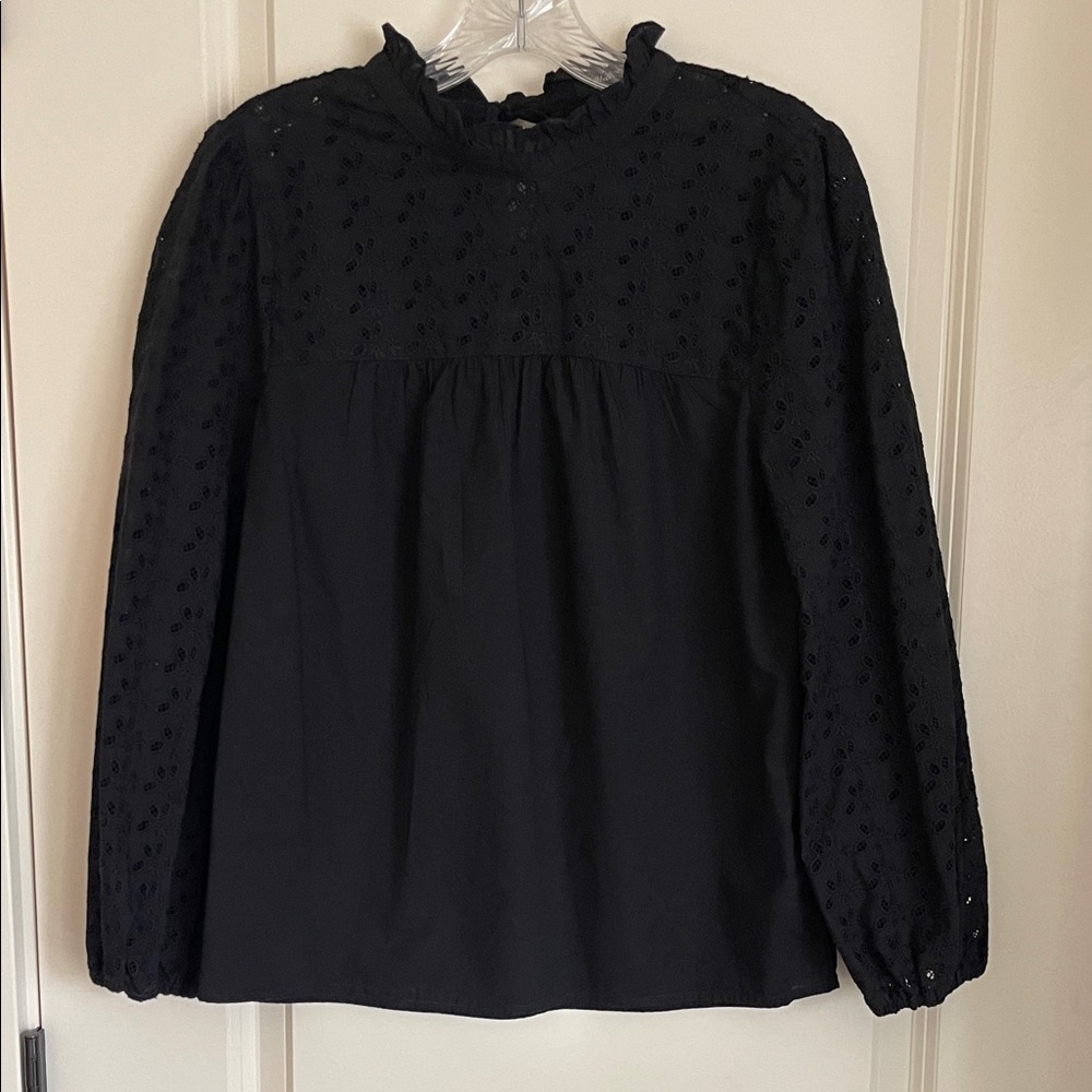 Madewell Black Eyelet Ruffle Blouse Cotton